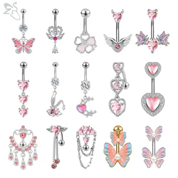 AOEDEJ 1 PC 14G Stainless Steel Belly Button Rings Pink CZ Crystal Pendant Bellys Piercing Women Butterfly Heart Navel Piercings