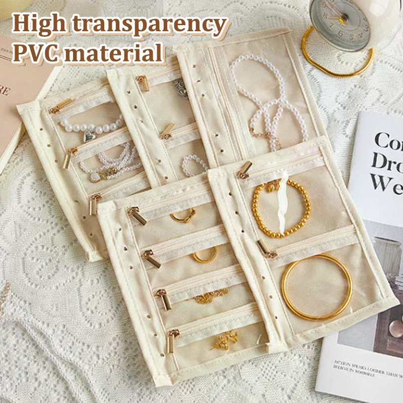 كتاب تخزين المجوهرات مع حقيبة بسحاب شفاف وقلادة وخاتم وحقيبة تخزين فاخرة من جلد الغزال وجيوب بنمط الورد #5