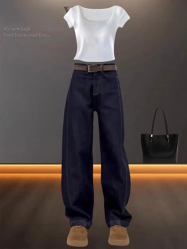 

Темно-синие узкие широкие джинсовые джинсы, женские свободные брюки грушевого кроя больших размеров, повседневные брюки с высокой талией, осенние новые брюки