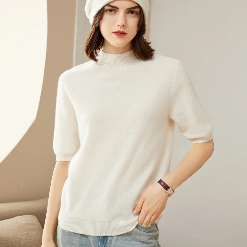 Women Pullover 100% GOAT CASHMERE Sweater Winter Soft Warm Mock neck Short Sleeve For Ladies Tops HG01