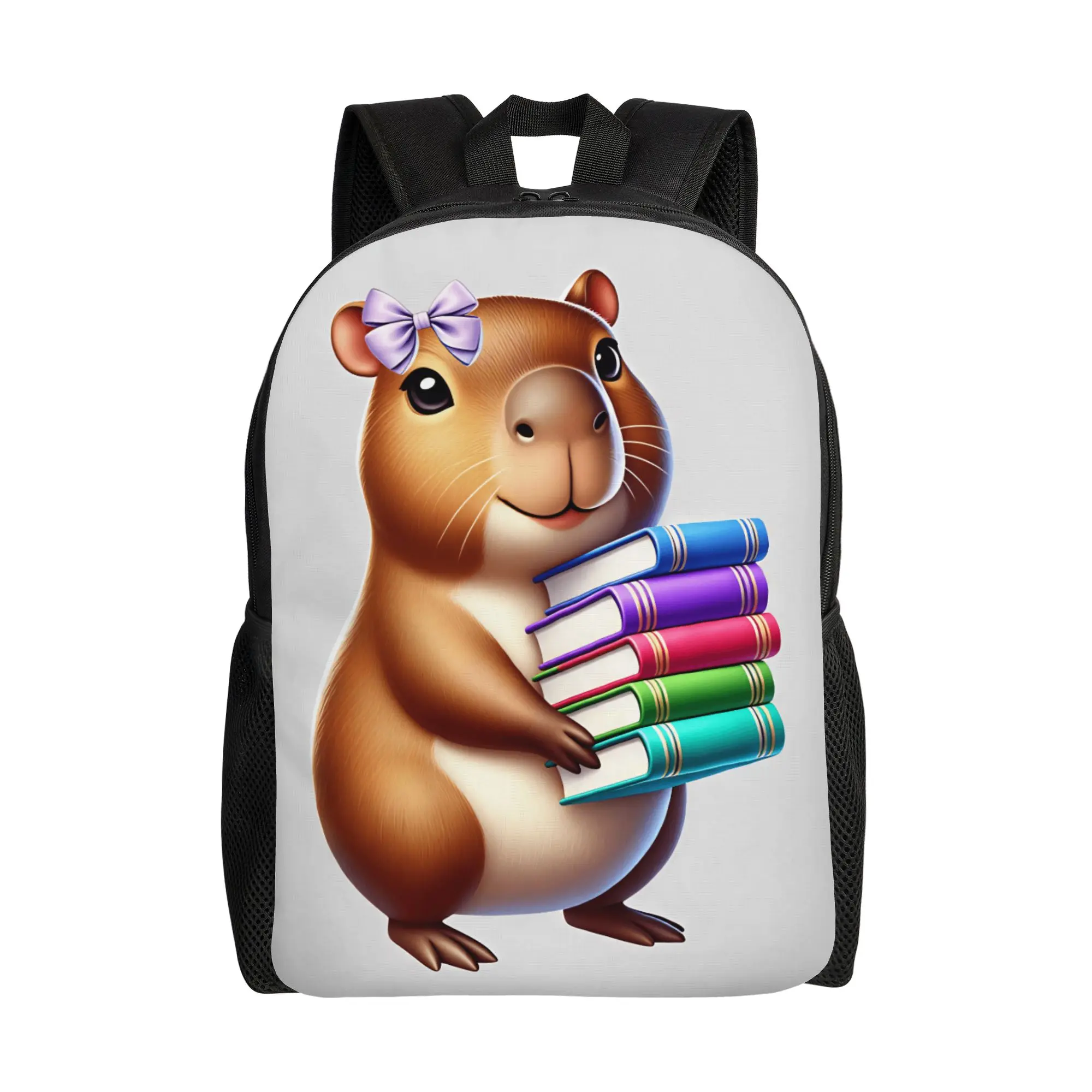Girl Capybara Purple Bow Holding Stack Of Colorful Books Cartoon Backpack  Outdoor Backpacks Women Designer Large Bags Rucksack