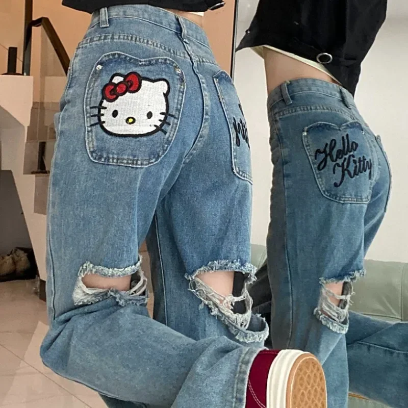 Anime Kawaii Sanrio Hello Kitty Jeans Girl Cute Embroidery Cotton Loose All Match Absorb Sweat Trousers Bestie Birthday Gifts