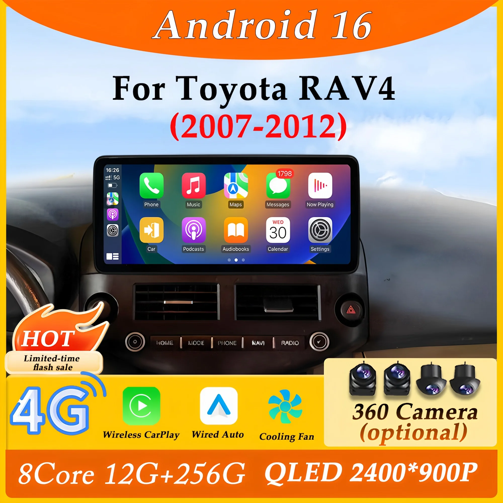 12.3" Ultra-thin Screen for Toyota RAV4 2007 - 2012 CarPlay Car Radio Video Multimedia Player Split Screen GPS Navi DSP Stereo