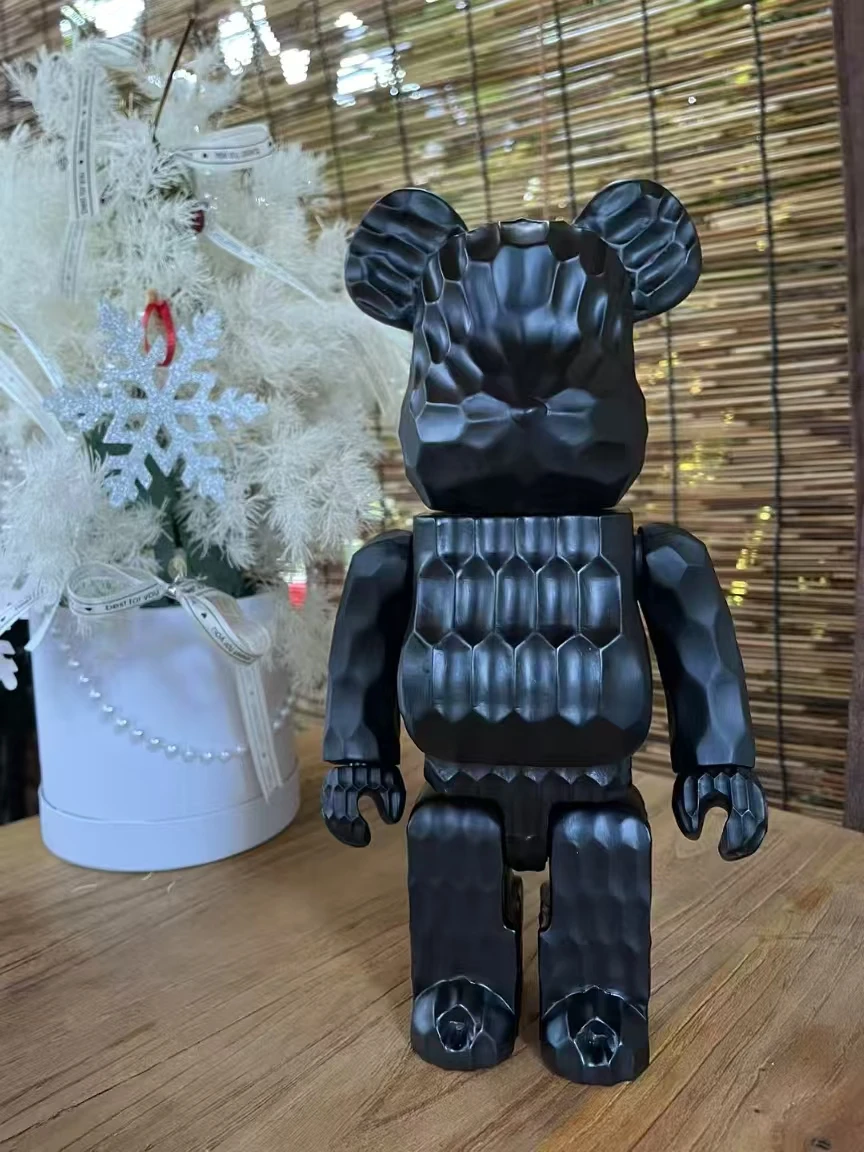 Bearbrick 400% Karimoku x Fragment (Carved Wooden) Lightning Black Wave Bear 28cm Height Handmade Ebony Collectible Figure