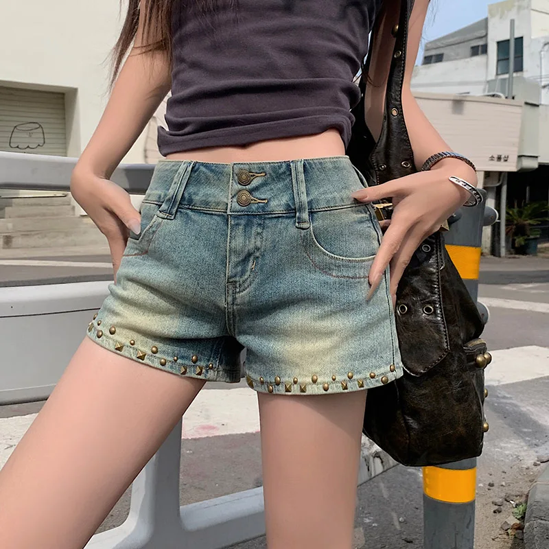 

Y2k Shorts Denim Shorts Summer Vintage American High Street Retro Rivet Distressed Womens Fashion