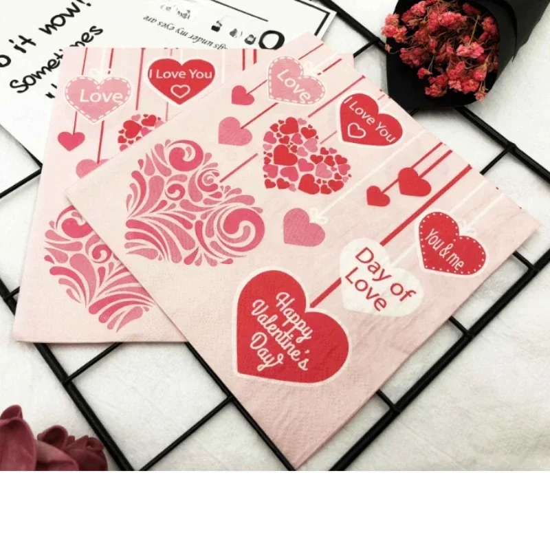 Heart Shaped Colourful Printed Napkin Wedding Valentine's Day Facial Tissue Proposal  Decoration Wine Glass Flower Paper 20pcs/P