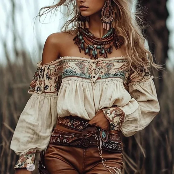 

Western Style Women's Cowboy Off-Shoulder Shirt Ethnic Fashion Sweet Style Loose Fit Long Sleeve Polyester Casual Shirt