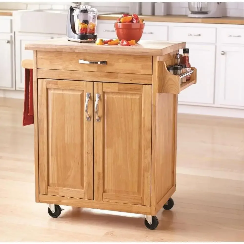 Kitchen Island Cart Storage Drawer Spice Rack Towel Bar Butcher Block Portable Natural Wood Top Multi-functional Transitional