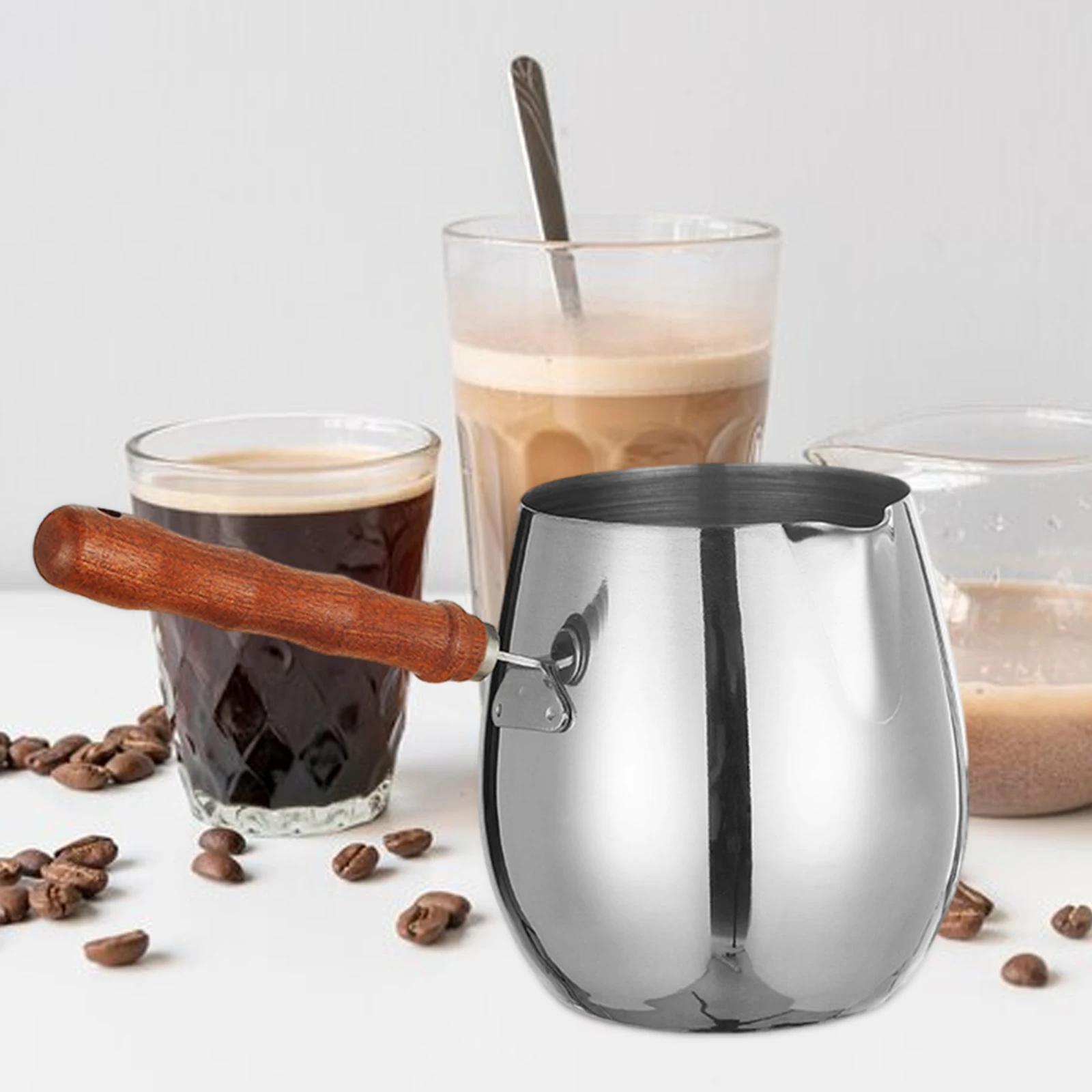 304 Stainless Steel Oil Splashing Small Pot Hot Oil Auxiliary Food Pot Coffee Pot Pouring Mouth Wooden Handle Melting Pan