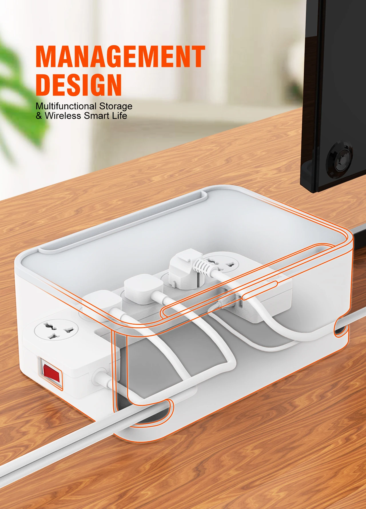 LDNIO Power Strip with Cable Management Box, Redagod Surge Protector 8 Outlets 3 USB Ports with Switch Control Flat Plug E