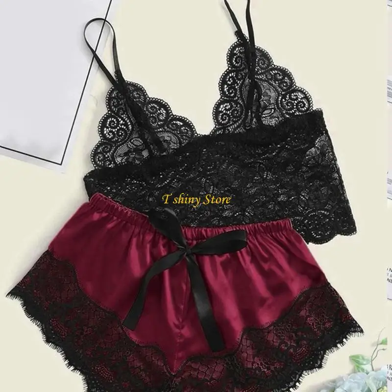 

N58F Women's Pajamas Set Sleepwear Lace Cami Crop Top and Satins Shorts Set