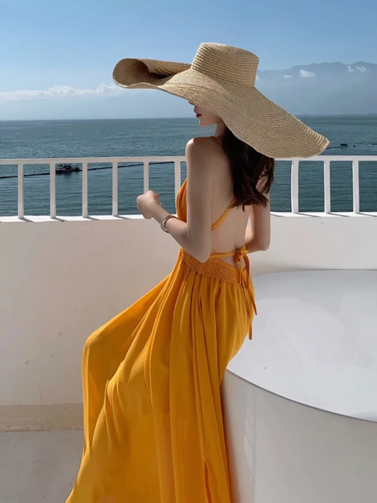 Seaside Vacation Immortal Chiffon Dress Slimming Yellow Sexy Big Backless Sanya Bali Tourism Beach Skirt