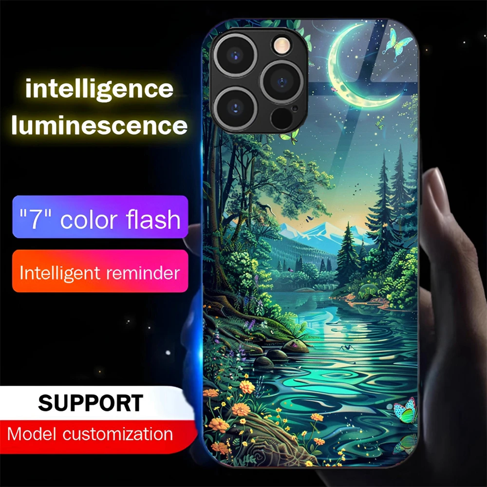 

Pretty Dreamy Forest LED Light Up Glass Phone Case Back Cover For iPhone 16 E 15 14 13 12 11 Pro Max X XS XR Plus SE
