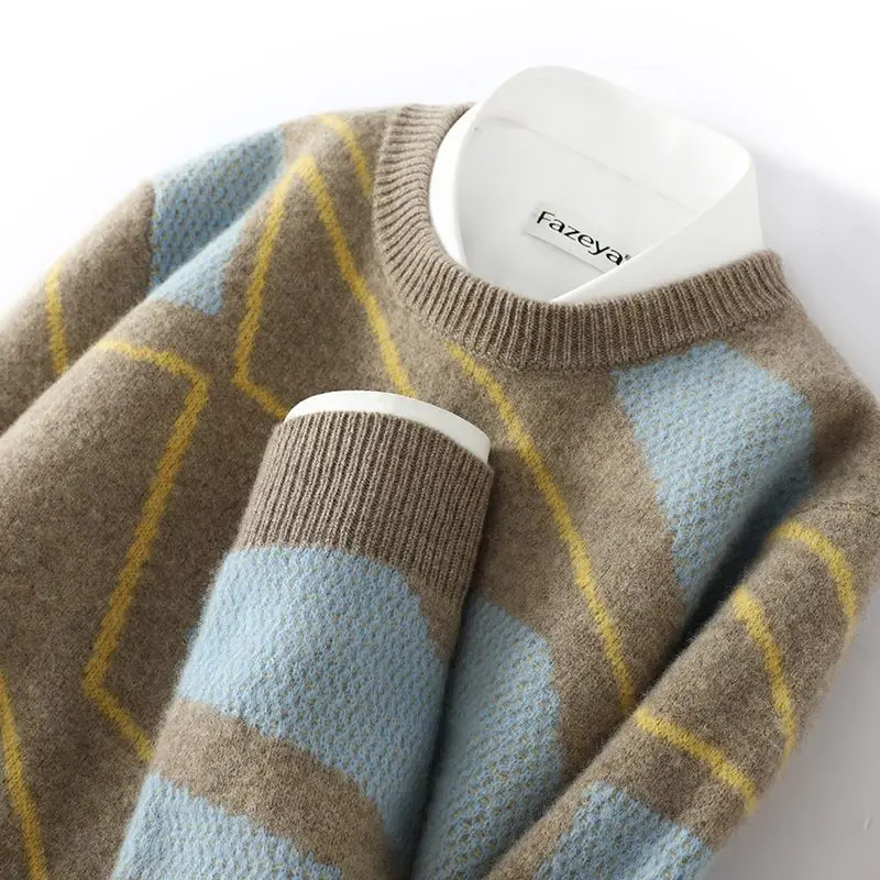 

100% Wool Men's Crew Neck Color Matching Knitted Bottoming Shirt Autumn and Winter New Business Casual Loose Cashmere Sweater