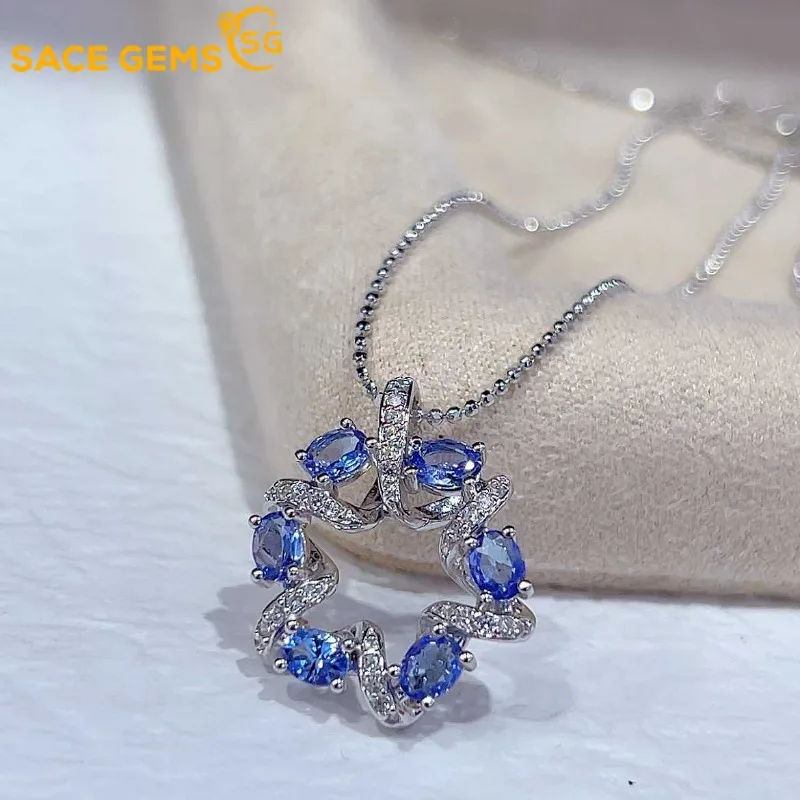 

SACE GEMS Luxury 100% 925 Sterling Silver Tanzanite Pendant Necklaces for Womne Two Ways To Wear It Fine Jewelry Birthday Gift