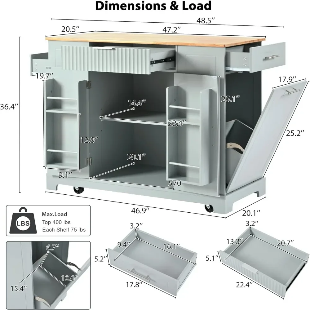 Fluted Kitchen Island On Wheels with Trash Can Storage Cabinet and Drawers, Rolling Kitchen Islands Built-in Power Outlet