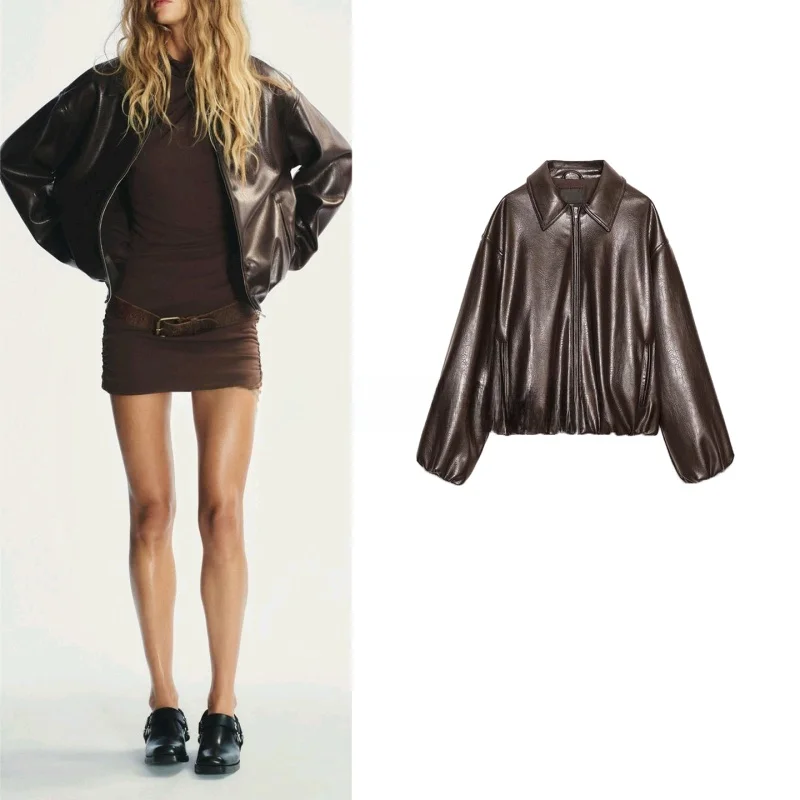 Jesienna Nowa Damska Długa Kurtka Pilotka ze Skóry PU, Ozdobiona Klapami, Luźny Krój, Idealna na Dojazdy do Pracy