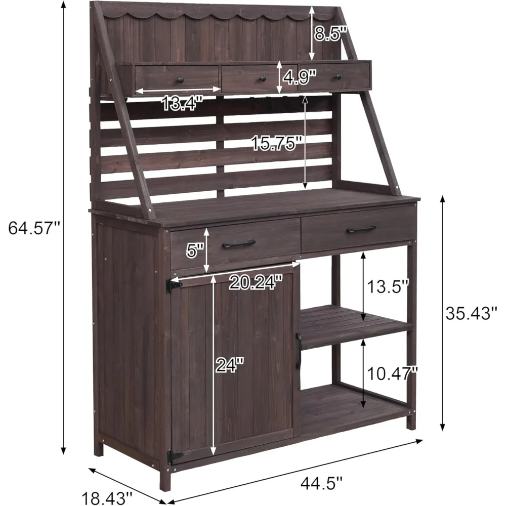 مقعد تخزين خارجي من خشب التنوب مع مساحة تخزين و5 أدراج، لوحة خلفية شرائحية لتنظيم زراعة الحديقة
