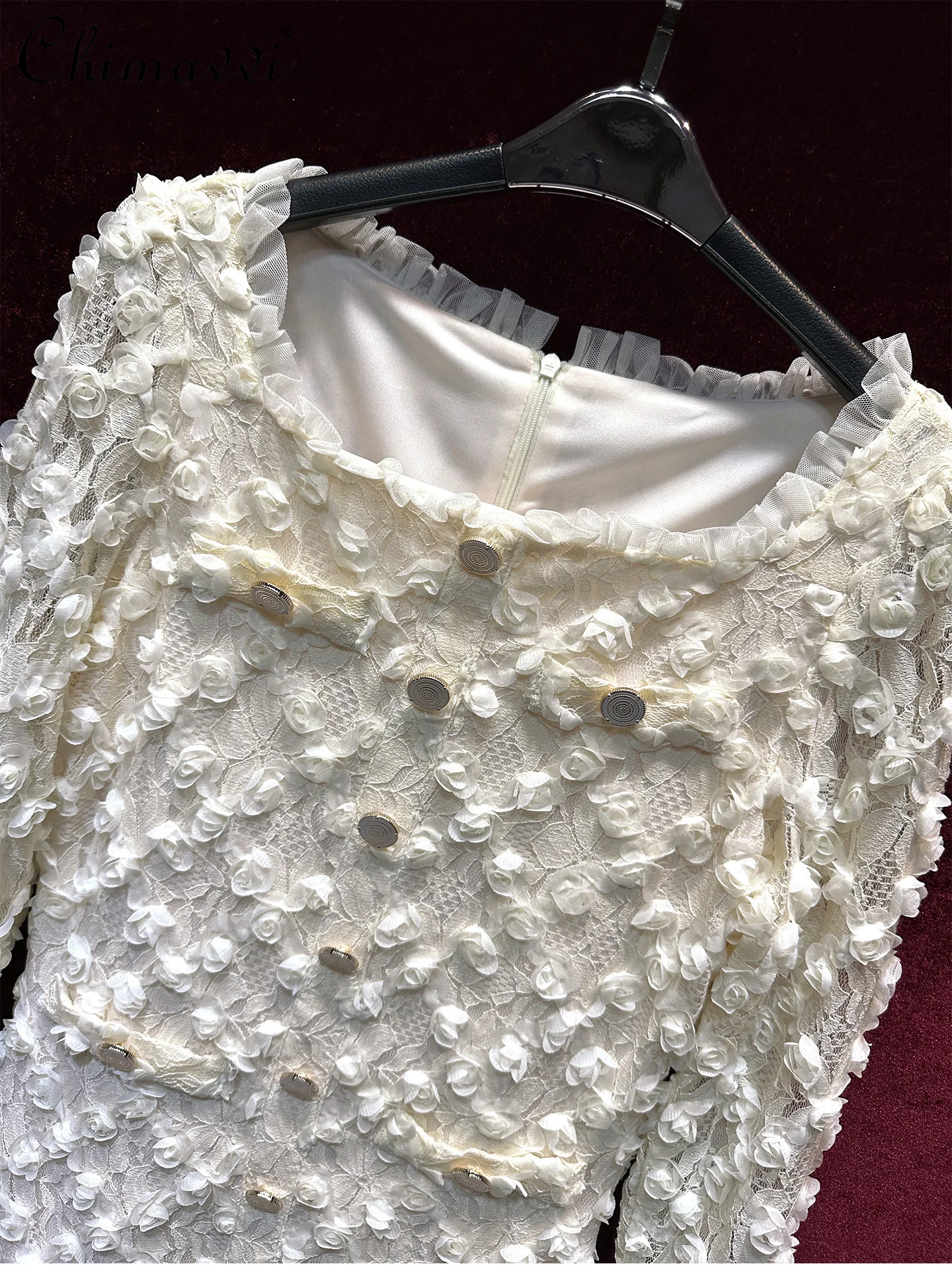 French Elegant Heavy Disc Flower Square Collar Horn Long Sleeve Retro Princess Dress High-end Fashion Lace Long Dress Autumn New