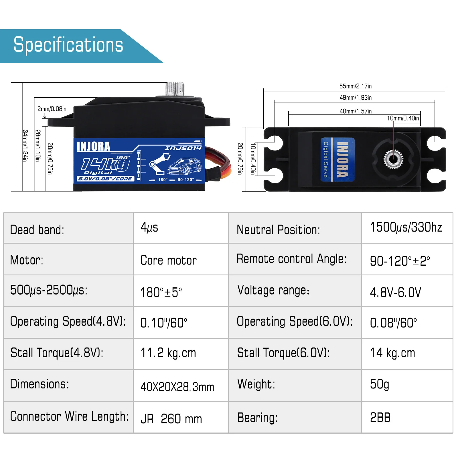 INJORA Metal Gear 14KG INJS014 Servo Digital de perfil bajo para 1/10 RC en carretera Touring Drift Car Tamiya Kyosho modelo de helicóptero