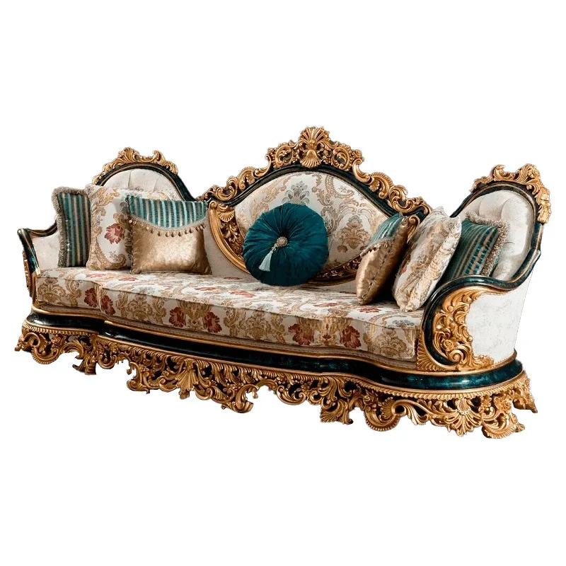 #French Luxury Solid Wood Carved Sofa Set Gold Leaf Crown Upholstered Arc Shape European Style Living Room Furniture