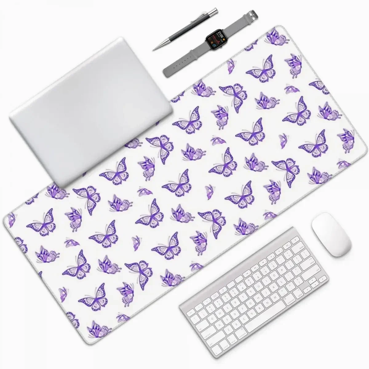 Tapete de mouse grande com estampa de borboleta roxa, teclado de computador, mouse, jogos, pc, laptop, mesa, acessórios de escritório, tapetes de mesa