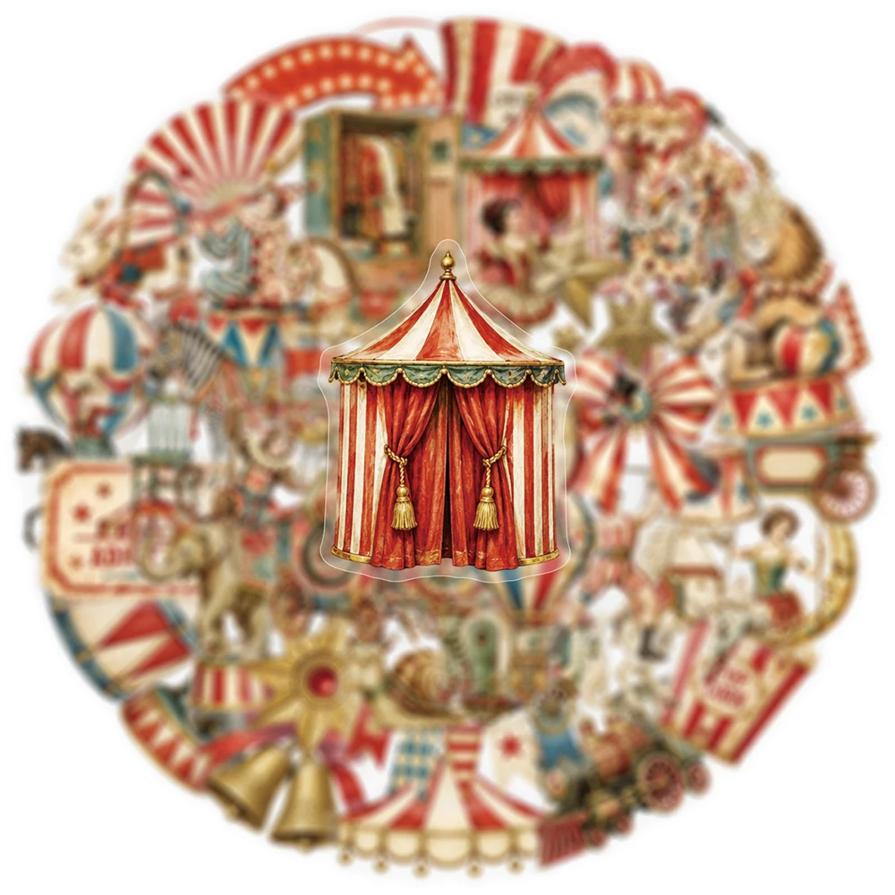 10/30/50pcs Vintage American Style Circus Transparent Stickers Decals DIY Water Bottle Phone Guitar Cartoon Waterproof Sticker