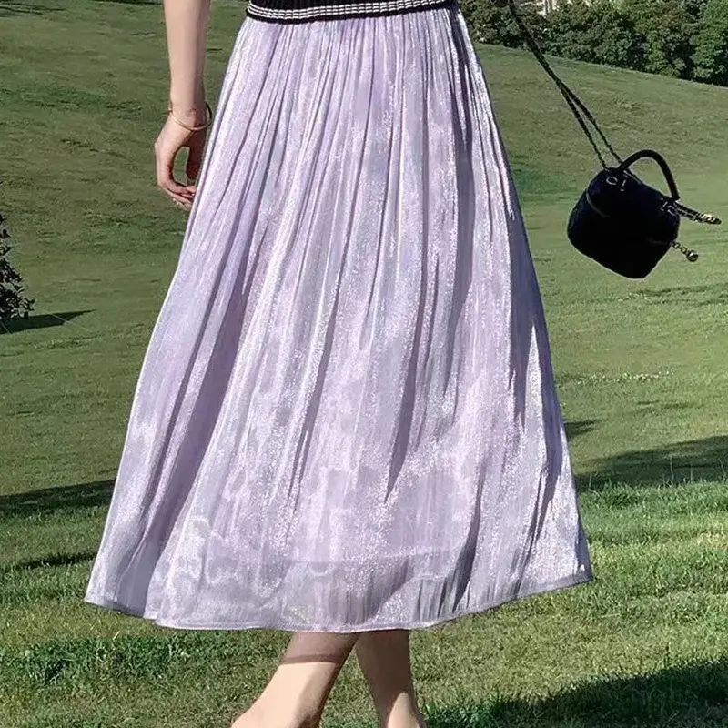 Women's Lavender Shimmer Pleated Midi Skirt High Waist Flowy A-line Skirt Elegant Casual Beach Vacation Skirt For Spring Summer