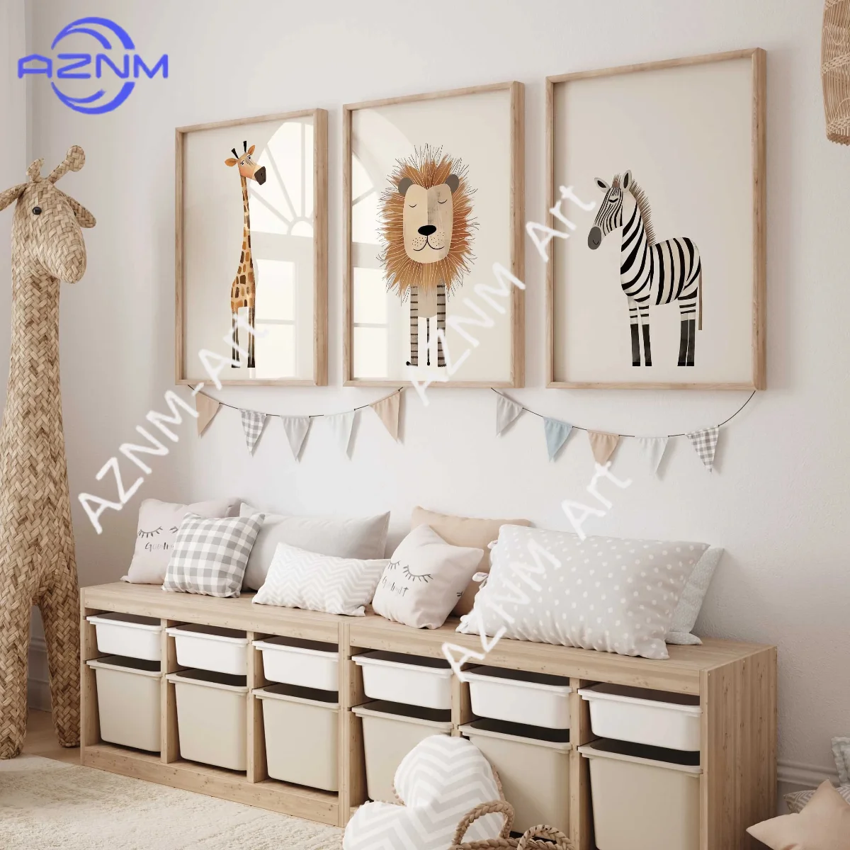 1/3-teilige Wandkunst mit 3 Postern / Safari-Abenteuer Giraffe Löwe Zebra / Wandbilder zur Dekoration des Kinderzimmers