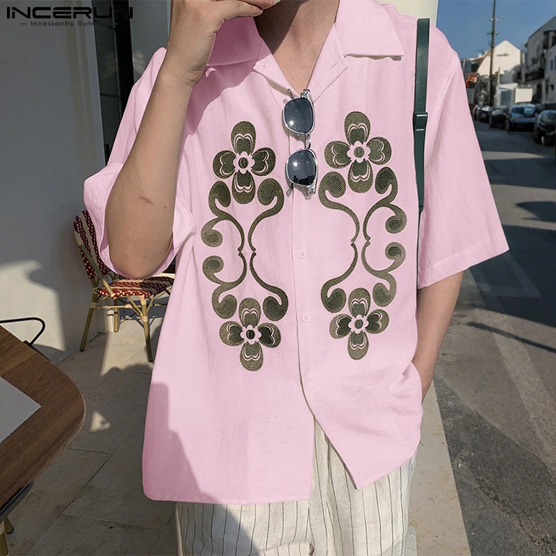 

INCERUN Мужская рубашка с принтом и лацканами, свободные мужские рубашки с коротким рукавом, уличная одежда, летний корейский стиль, 2025 г., модная повседневная мужская одежда