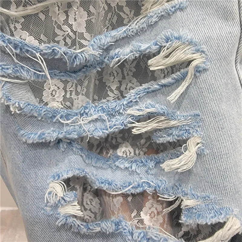 Lace Patchwork Ripped Jeans Women's Summer Blue Loose High Waist Straight Trousers