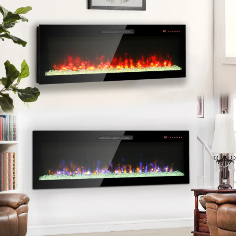 FENGSHUO Recessed Ultra Thin Tempered Glass Front Wall Mounted Electric Fireplace With Remote Multi Color Flame Light Heater