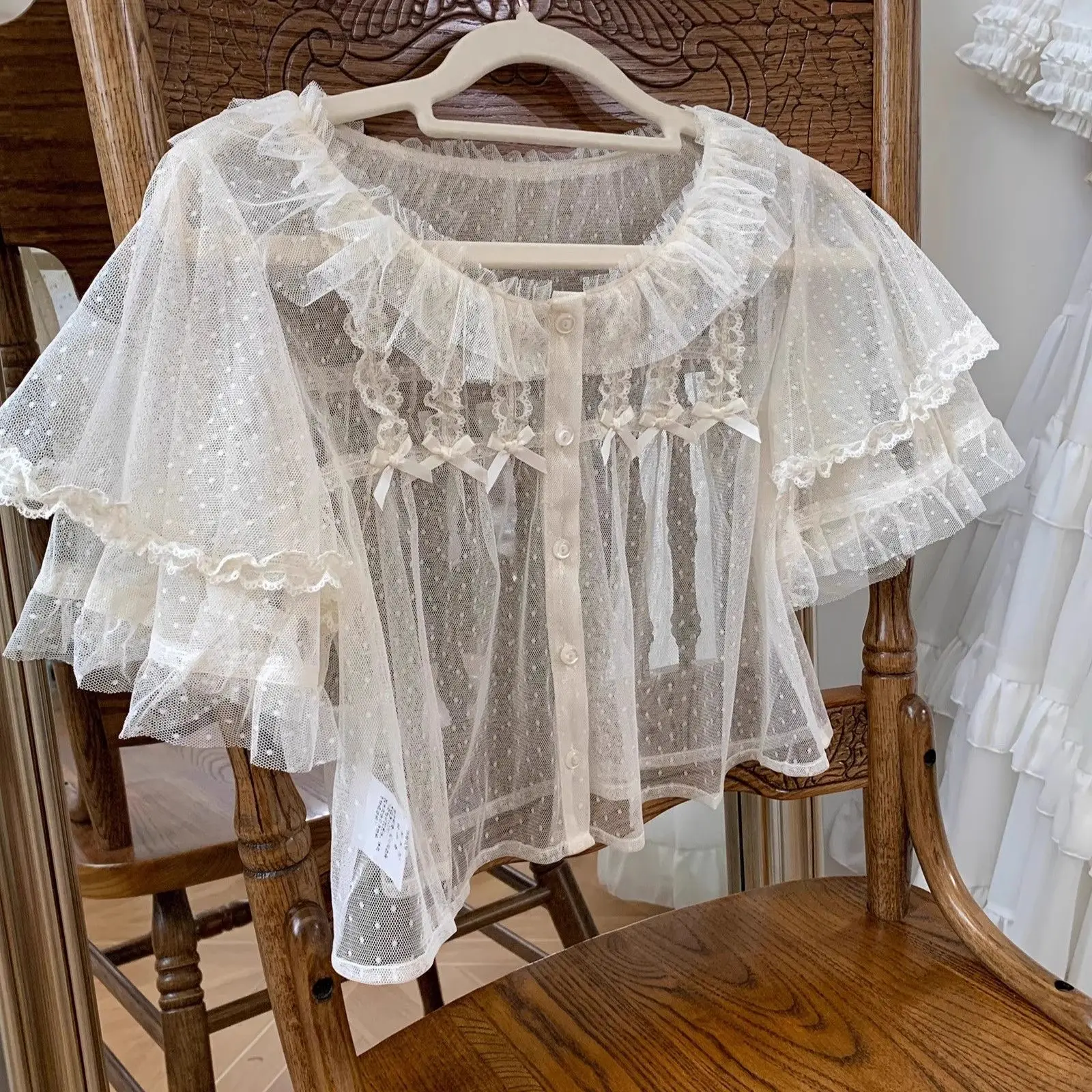 

Элегантная женская блузка в стиле Sweet Lolita с кружевными оборками, коротким рукавом, милый приталенный крой, в японском ретро-стиле