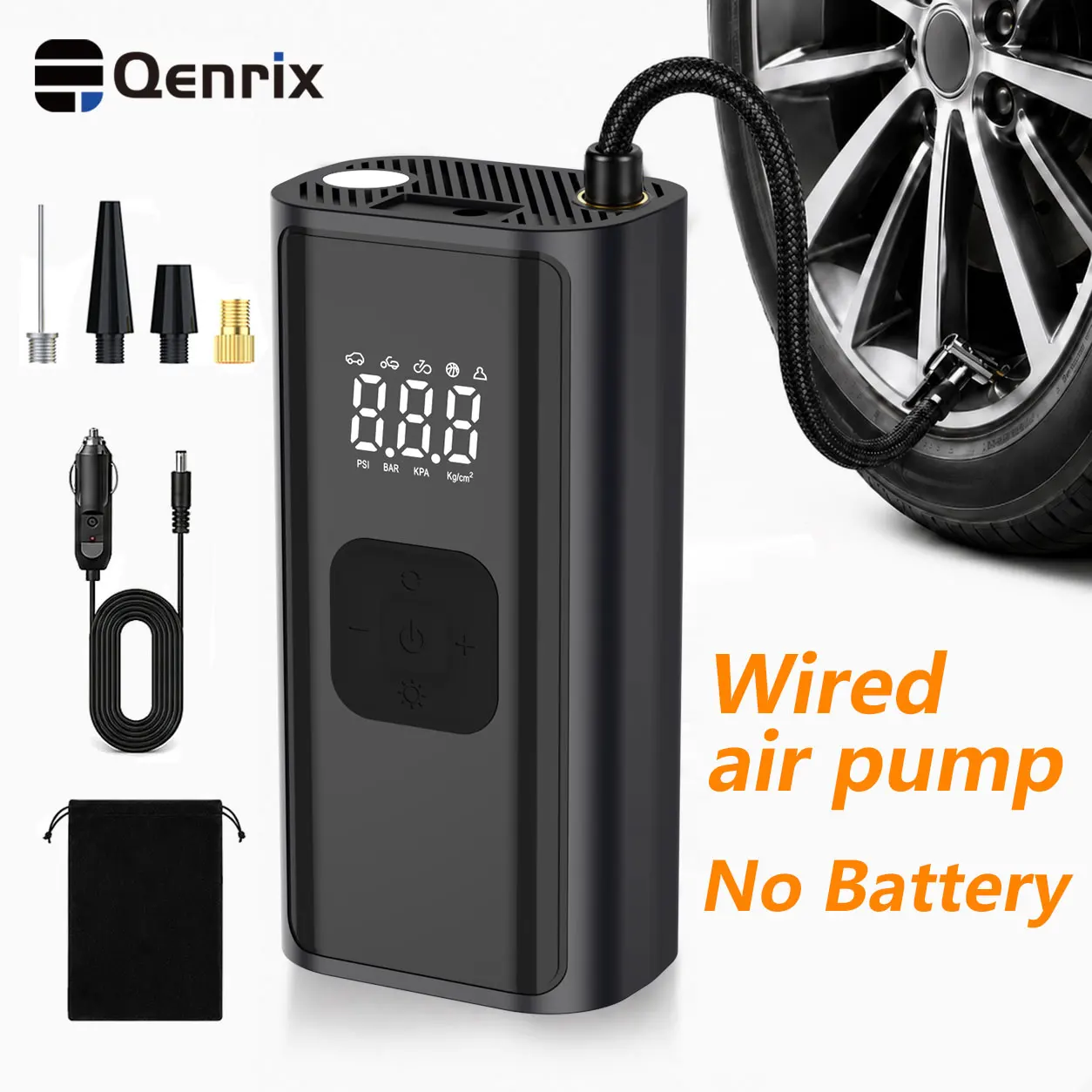 Qenrix Tire Inflator Air Compressor For Car Motorcycle Bike Ball 150PSI 12V Air Pump Digital Gauge LED No Battery