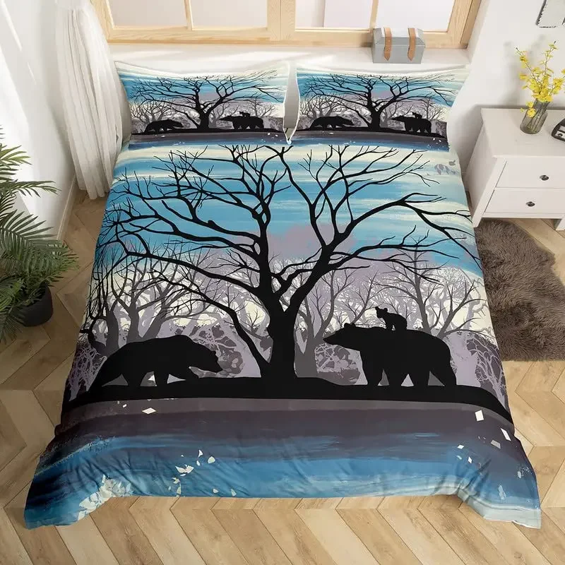 Bear Duvet Cover King Queen For Kids Teens Boys Wild Animal Bedding Set Microfiber Botanical Tree Farmhouse Comforter Cover Set