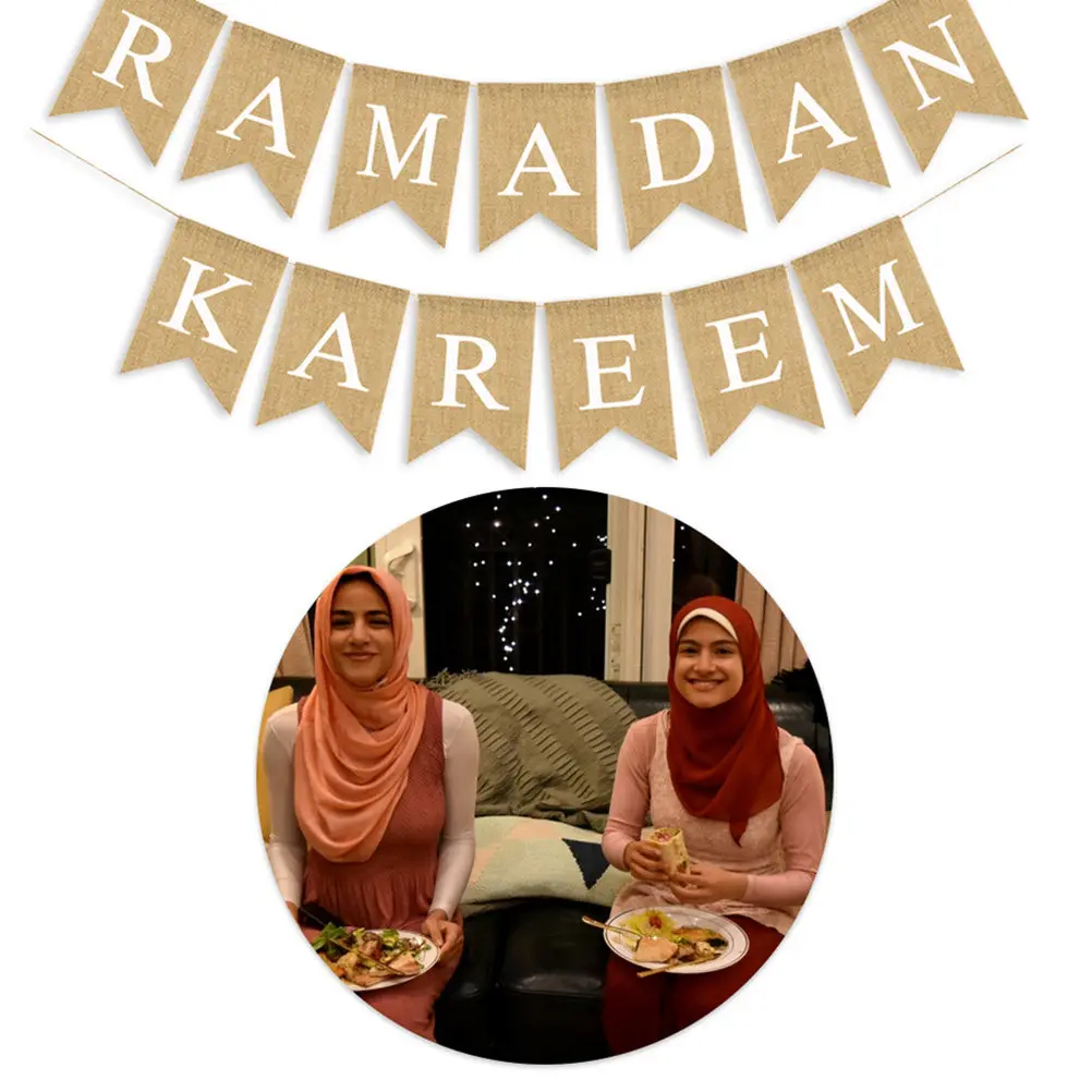 Ramadan Burlap Banner – Eid Celebration Decoration Flag, Rustic Natural Theme Party Bunting for Table Mantel Fireplace - view 6
