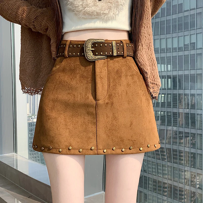 2026 New Women's Faux Suede Skort, Fall Winter Sweet Cool Style High Waist Stretch A-Line Skort, Rivet Trim Hem Short Skirt