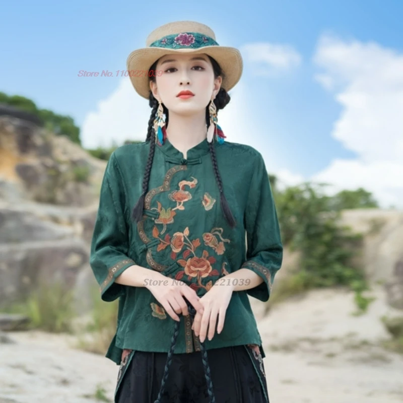 بلوزة صينية عتيقة لعام 2025 بلوزة جاكار مطرزة بالزهور الوطنية بياقة واقفة بلوزة هانفو العرقية الرجعية بلوزة شعبية سترة #5