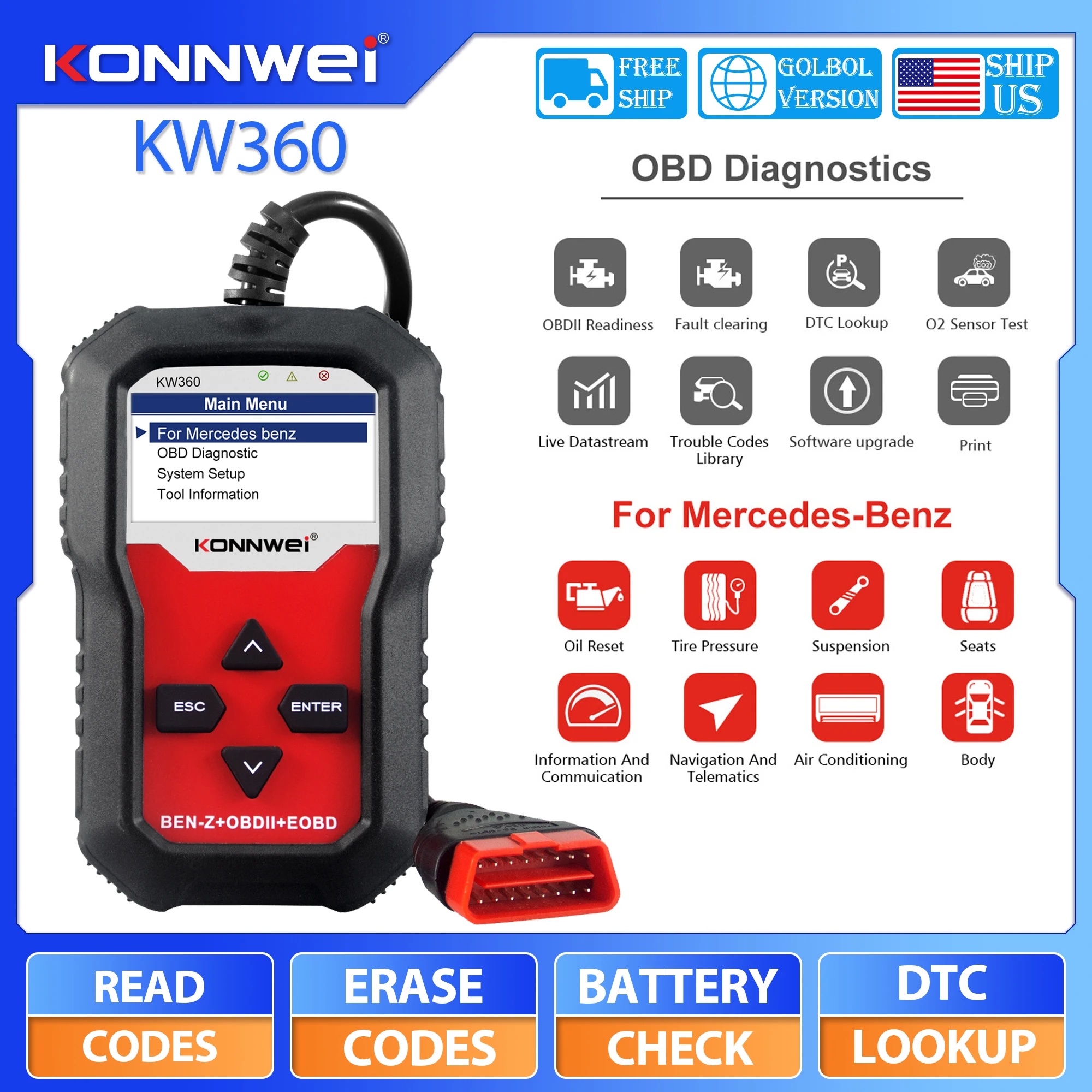 

KONNWEI KW360 OBD2 Scanner For Mercedes-Benz Full System Diagnosis ABS SRS Engine Code Reader Car Scan Tool