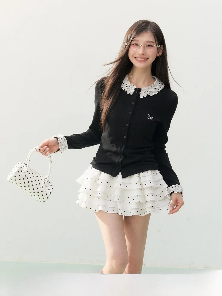 

ELEVEN SP Black Long Sleeve Knitted Cardigan Women's Style Korean Standard Polka Dot Lace Sleeve High End Feeling Top