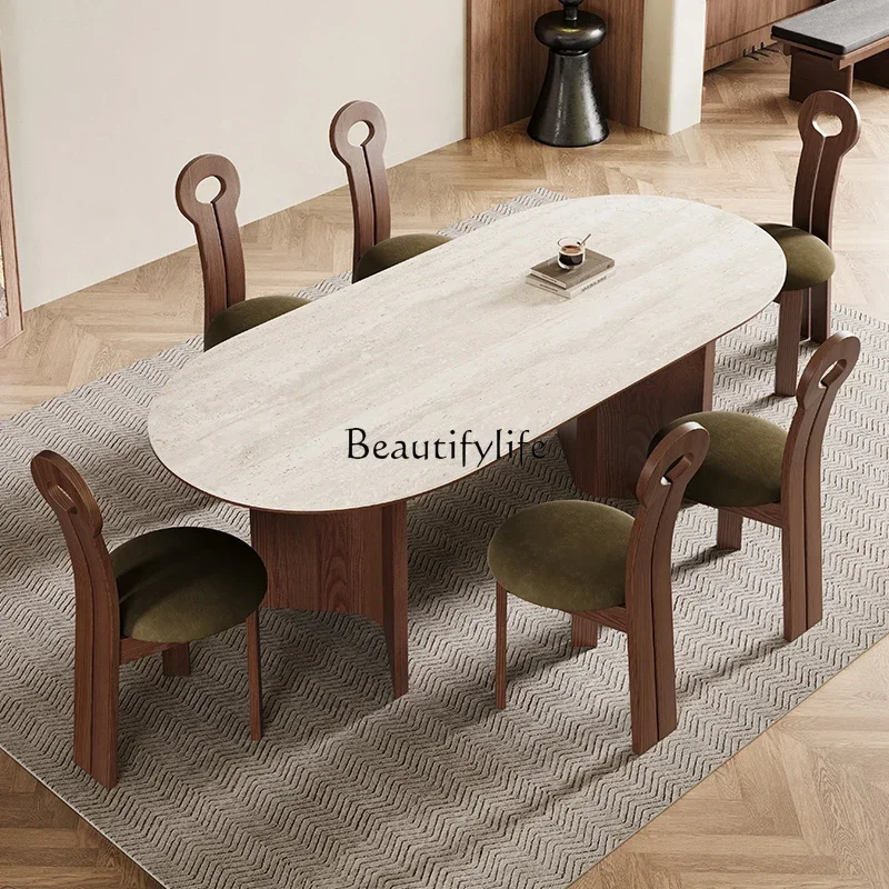 

FG10*Retro travertine rock slab dining table Household oval rectangular walnut solid wood dining table