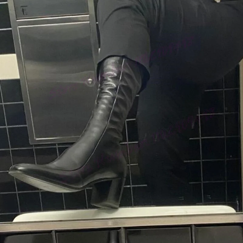 

Black Chunky Heels Men's Chelsea Boots Matte Leather Mid Calf Handmade Winter Shoes for Men Runway Shoes Zapatos Para Hombres