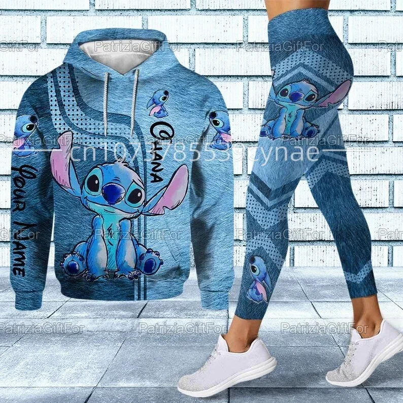 New 2024 Disney Stitch 3D Hoodie Women's Hoodie Suit Free Custom Name Stitch Yoga Pants Sweatpants Fashion Sports Suit