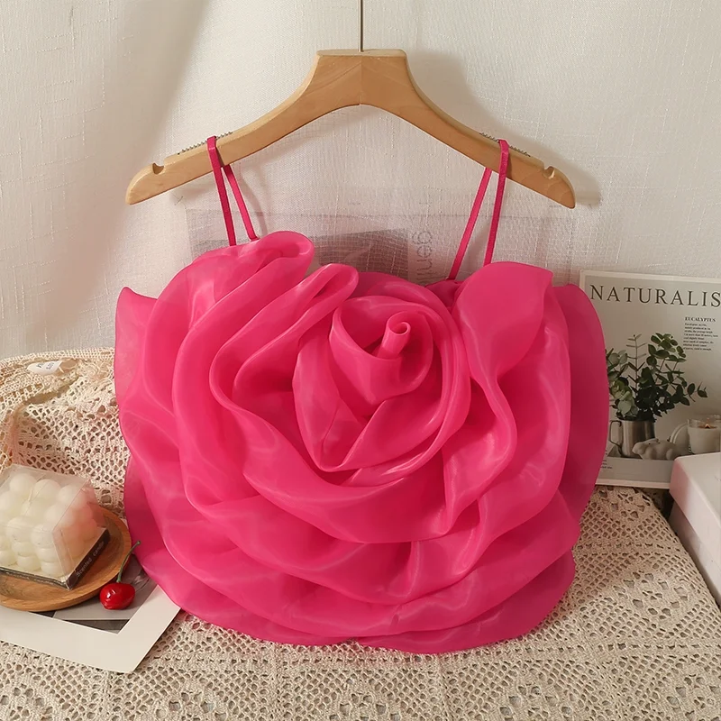 Sweet Big Organza Flower Camisole Girls Stretchy Back Slim Above Navel Camis Crop Top Fashion Summer Clothing
