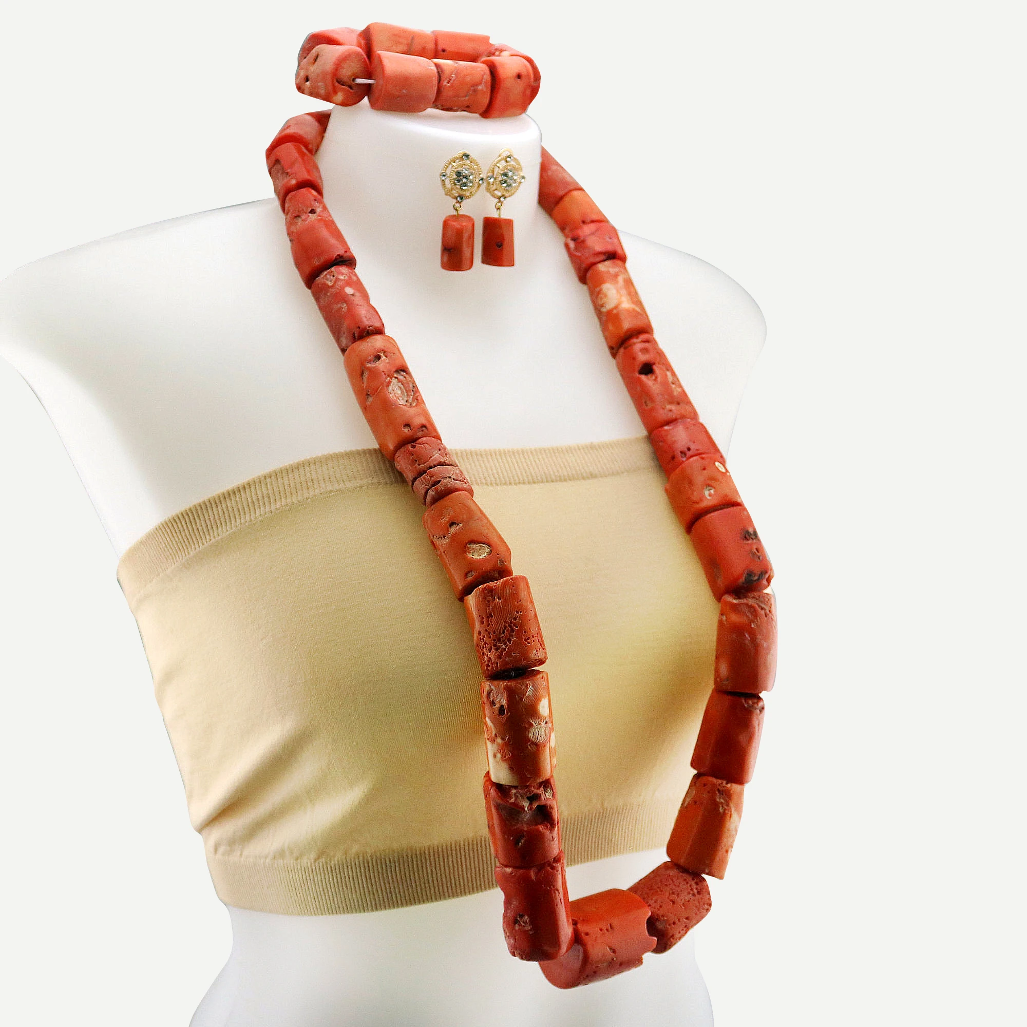 Natural Coral Bridal Jewelry Sets Nigerian African Luxury Orange Coral Necklace Nigerian Bride Wedding Jewelry Set