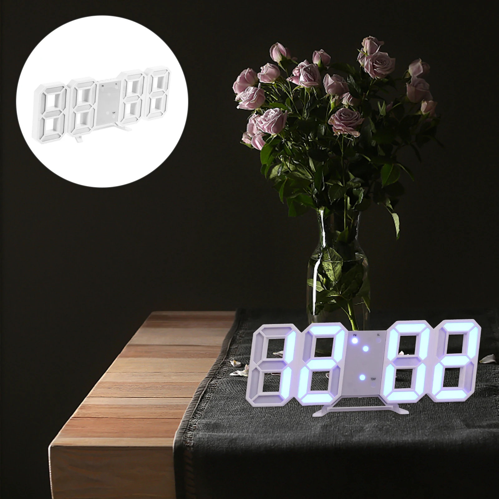 

Digital Alarm LED Display Brightness Adjustable Temperature Bedroom Office Night Light Clock 3D Clock