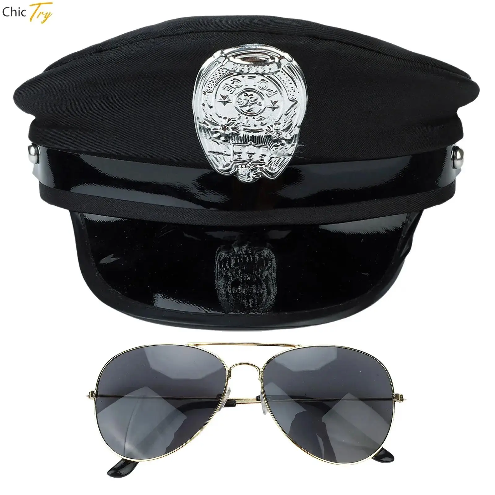 Womens Deluxe Policewomen Badge Hat and Metal Frame Glasses Set for Masquerade Halloween Party Police Cosplay Props Accessories