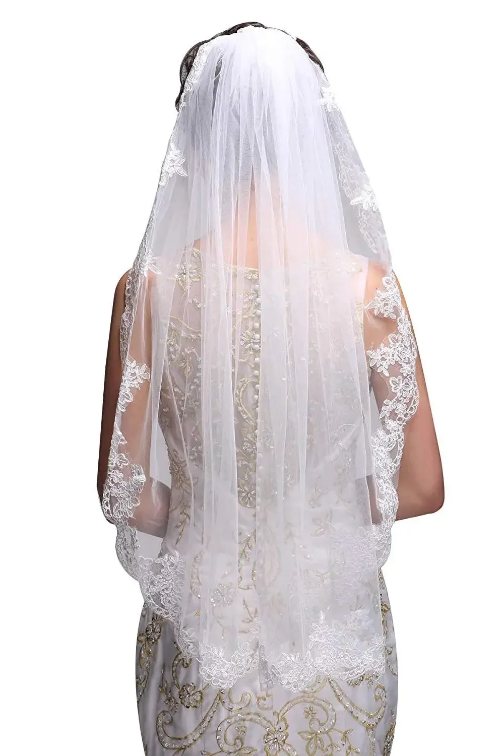 

Sweet Bridal Tulle Wedding Veil Ivory White Elbow Length Lace Appliques Wedding Veil with Comb for Bride