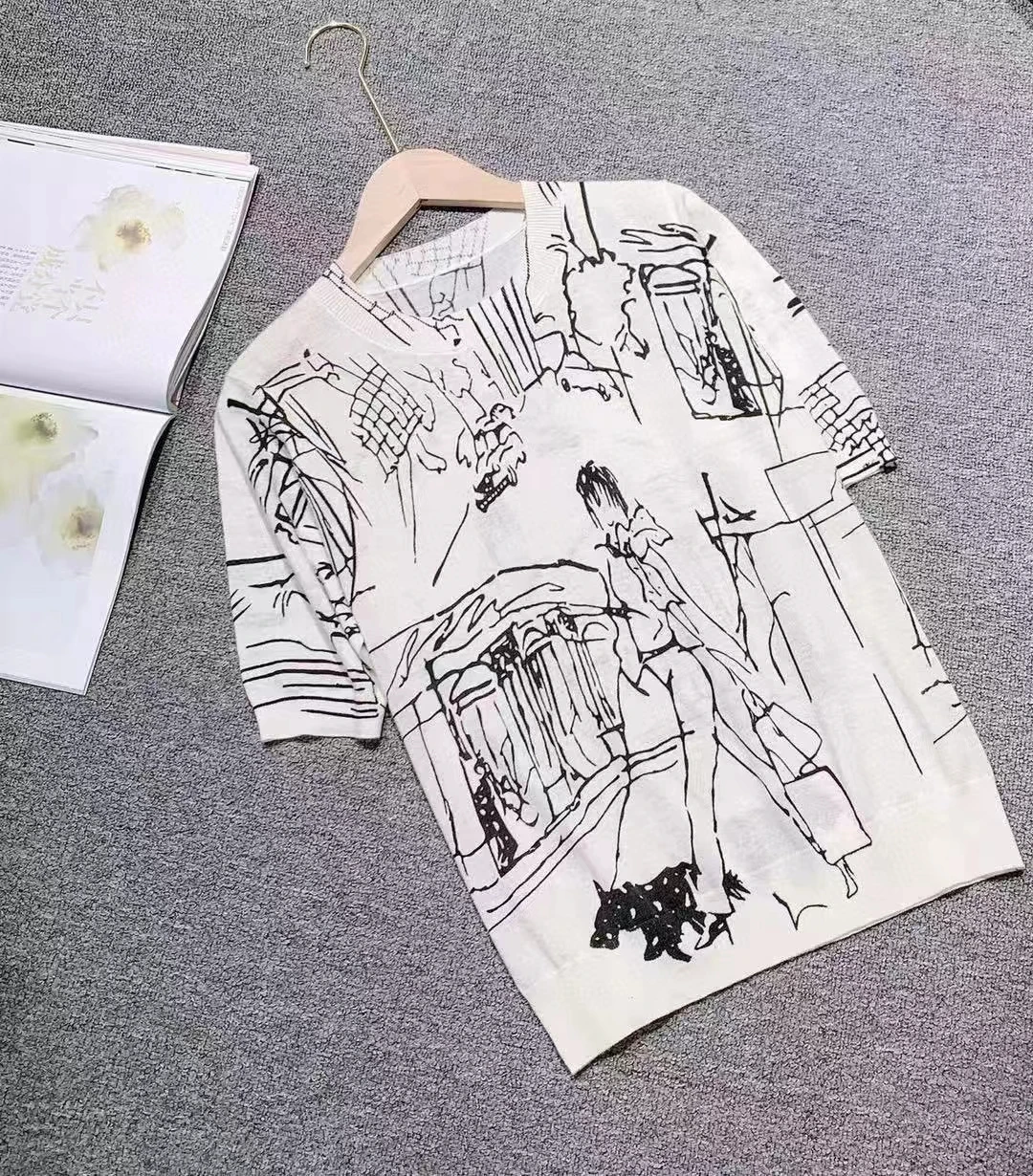 Summer Women's Thin Section Graffiti Digital Jacquard Round Neck Fine Imitation Wool Knitted Short-sleeved T-shirt  Pullover Top
