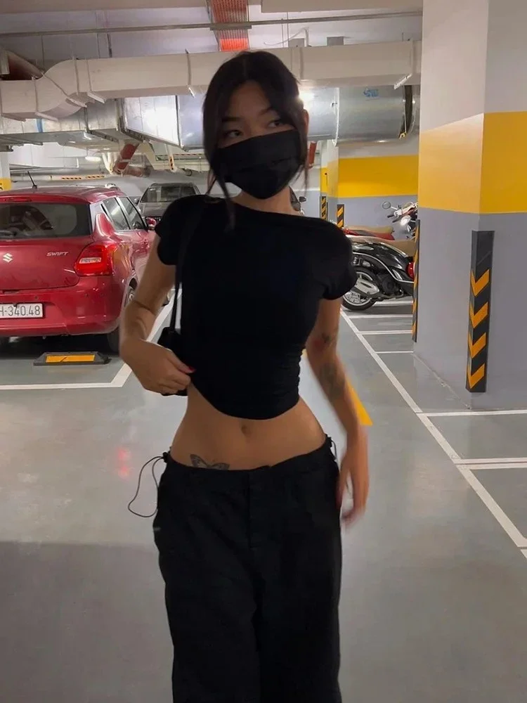 Causal Concise Tees Women Reversible Hollow Out Short Sleeve Bare Midriff Body-shaping Tops Female All-matched Streetwear